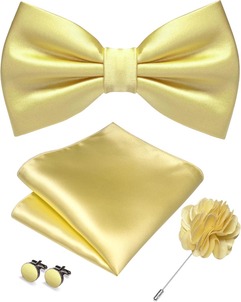RBOCOTT Solid Color Bow Tie and Pocket Square with Lapel Pin Cufflinks Set 4PCS - Image 1